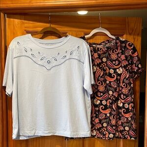 LOFT Bundle Black and Pink Paisley Blouse and Embroidered Blue Tee